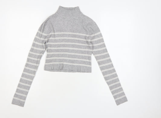 Pull & Bear Women’s Grey Striped Roll Neck Jumper Size 12