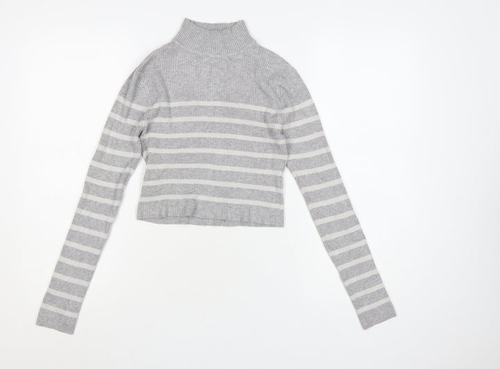 Pull & Bear Women’s Grey Striped Roll Neck Jumper Size 12