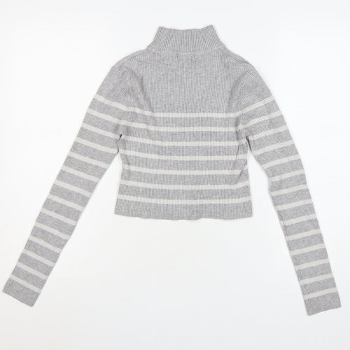 Pull & Bear Women’s Grey Striped Roll Neck Jumper Size 12