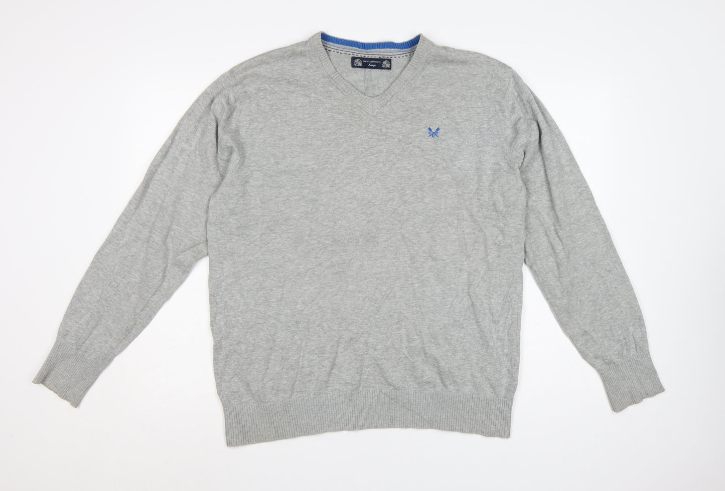 Crew Clothing Co. Men's Grey Cotton V-Neck Jumper Size L