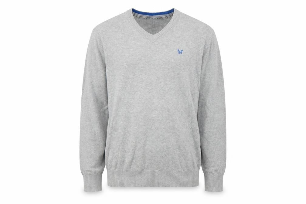 Crew Clothing Co. Men's Grey Cotton V-Neck Jumper Size L