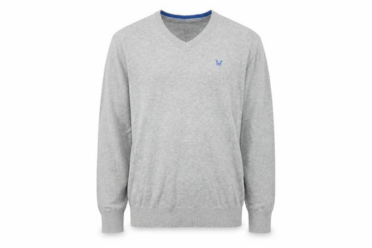 Front view of Crew Clothing Men's Grey Cotton V-Neck Jumper, size L