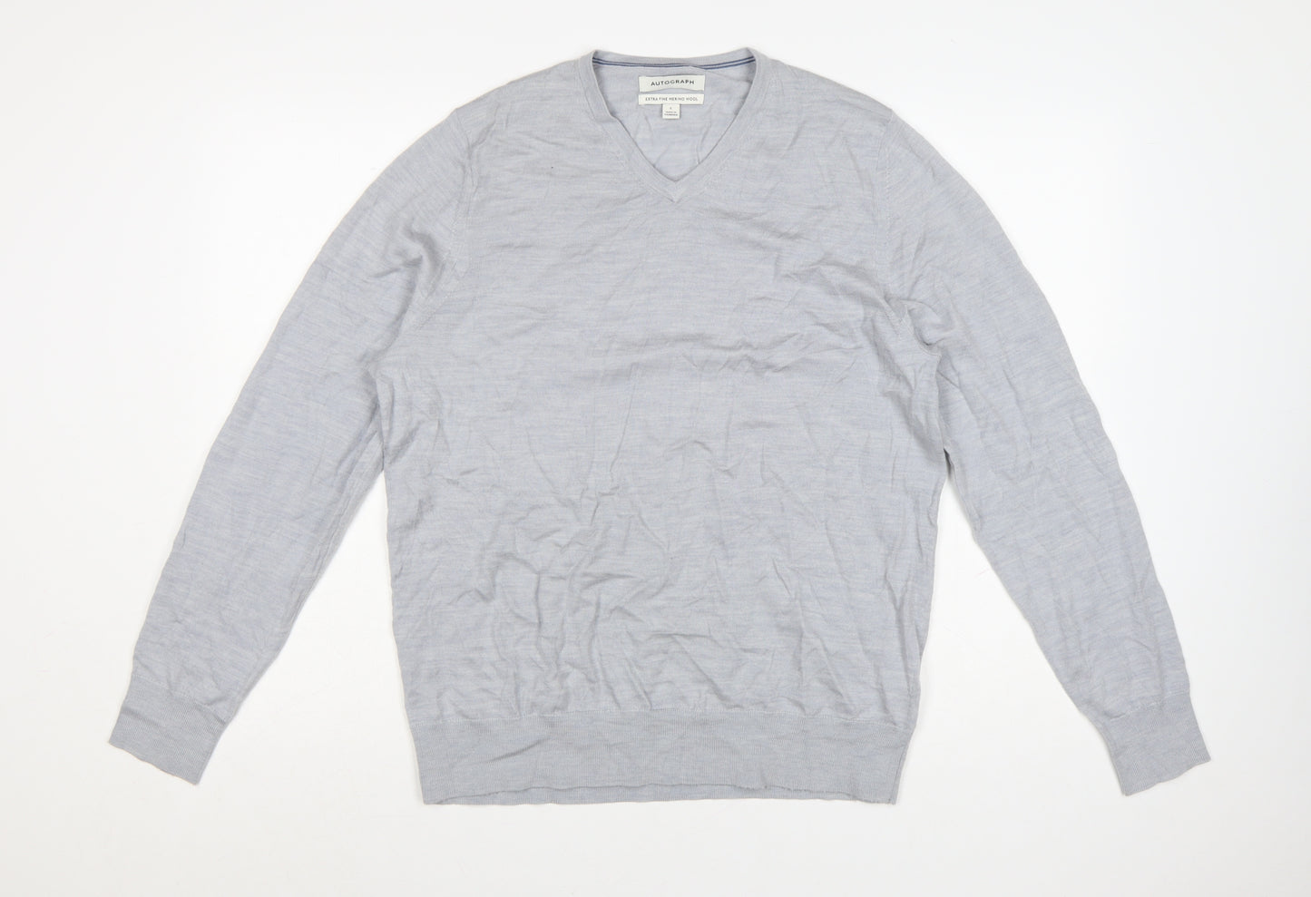 Marks and Spencer Men’s Grey Merino Wool V-Neck Jumper Size L