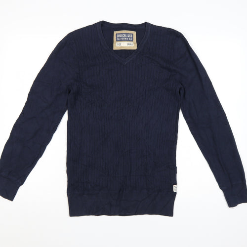 SoulCal & Co Men's Blue Cotton V-Neck Cable Knit Jumper Small