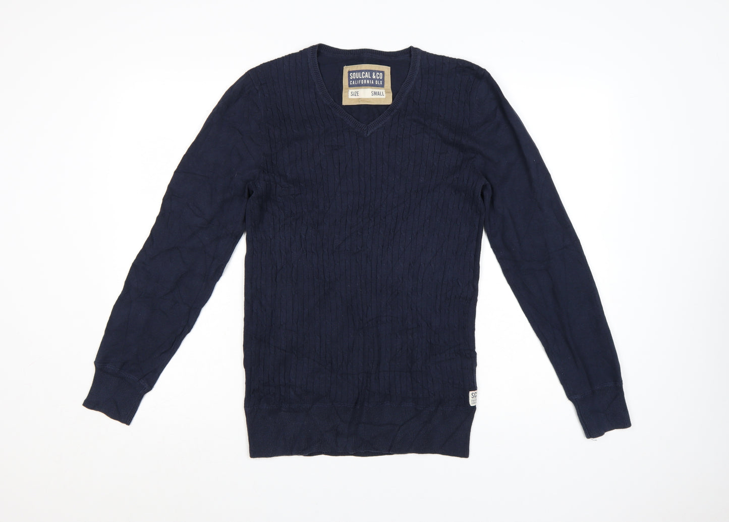 SoulCal & Co Men's Blue Cotton V-Neck Cable Knit Jumper Small