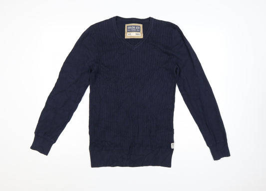 SoulCal & Co Men's Blue Cotton V-Neck Cable Knit Jumper Small