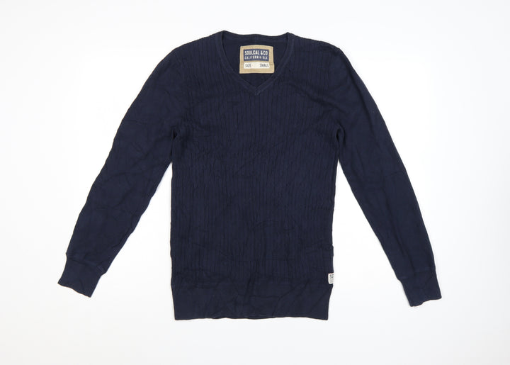 SoulCal & Co Men's Blue Cotton V-Neck Cable Knit Jumper Small