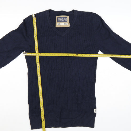SoulCal & Co Men's Blue Cotton V-Neck Cable Knit Jumper Small