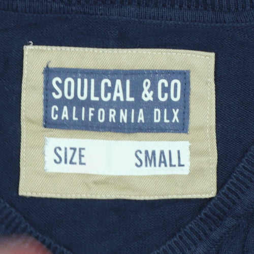 SoulCal & Co Men's Blue Cotton V-Neck Cable Knit Jumper Small