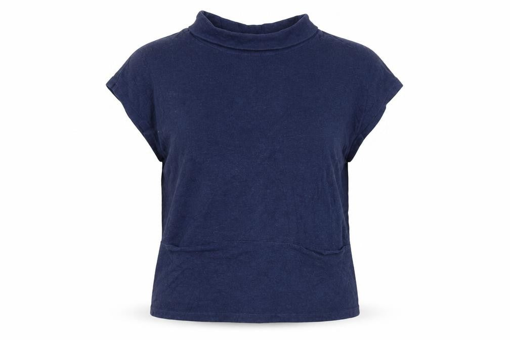 Front view of White Stuff Women's Blue Mock Neck Cotton Sleeveless Jumper, size 14