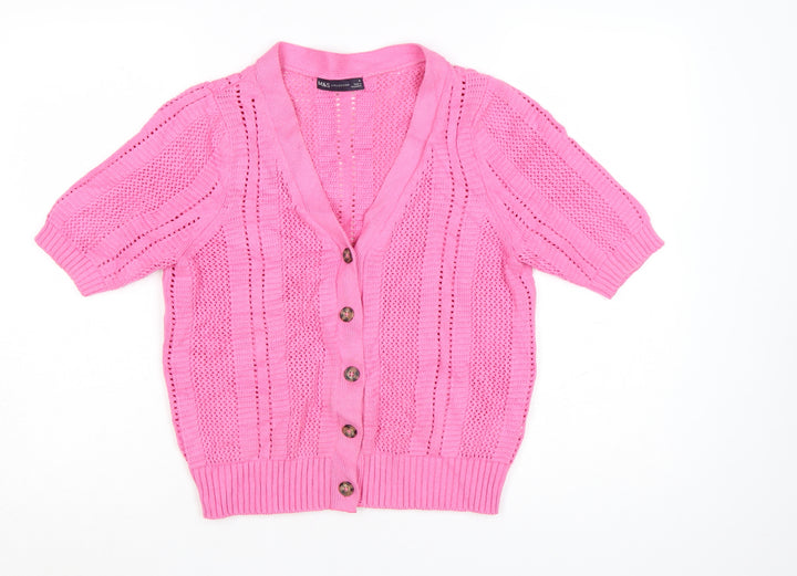 Marks and Spencer Women's Pink V-Neck Short Sleeve Knit Cardigan M