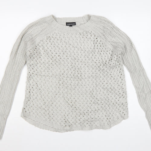 Warehouse Women Grey Open-Knit Long Sleeve Jumper UK 8