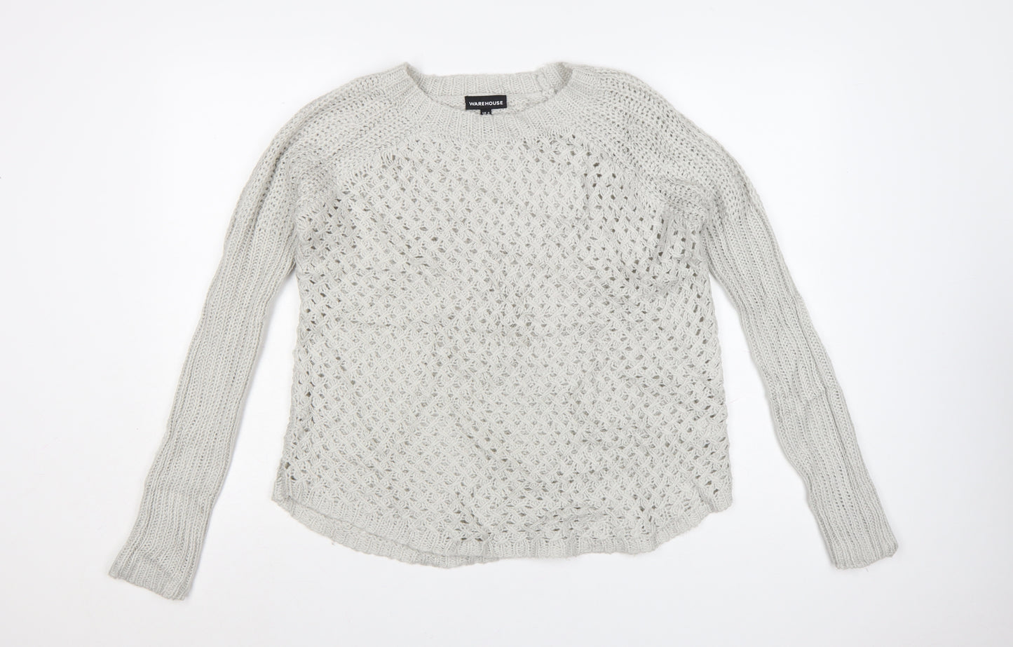 Warehouse Women Grey Open-Knit Long Sleeve Jumper UK 8
