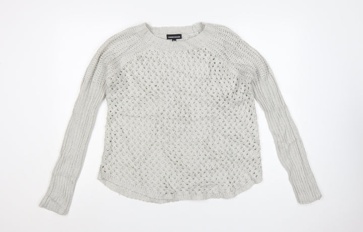 Warehouse Women Grey Open-Knit Long Sleeve Jumper UK 8