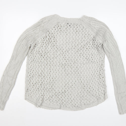 Warehouse Women Grey Open-Knit Long Sleeve Jumper UK 8