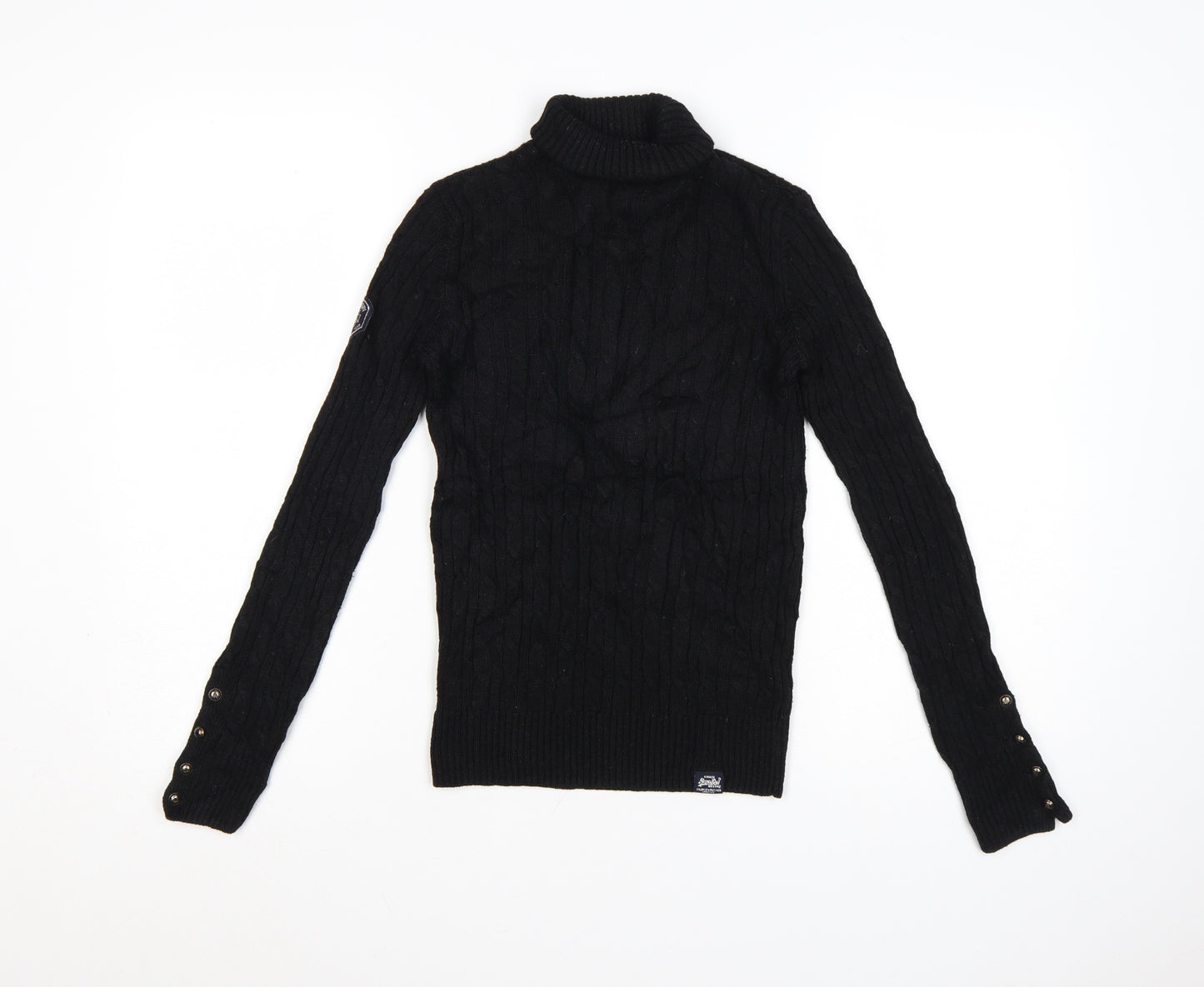 Superdry Women's Black Wool Blend Roll Neck Cable Knit Jumper Size 6