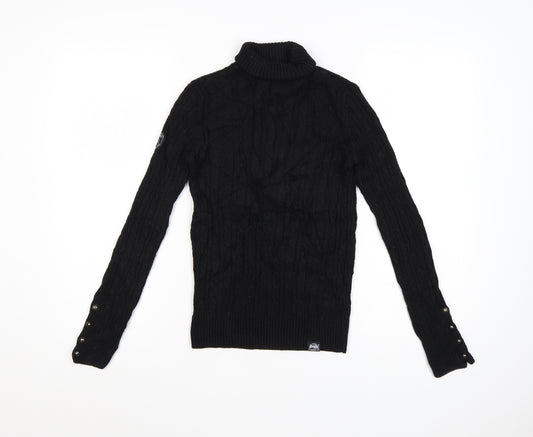 Superdry Women's Black Wool Blend Roll Neck Cable Knit Jumper Size 6