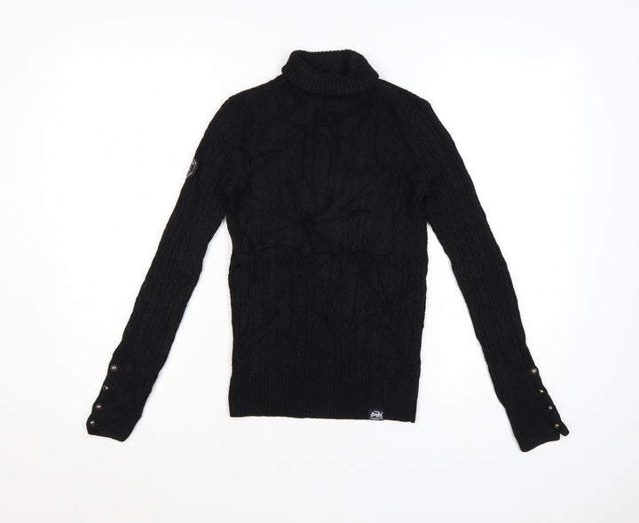 Superdry Women's Black Wool Blend Roll Neck Cable Knit Jumper Size 6
