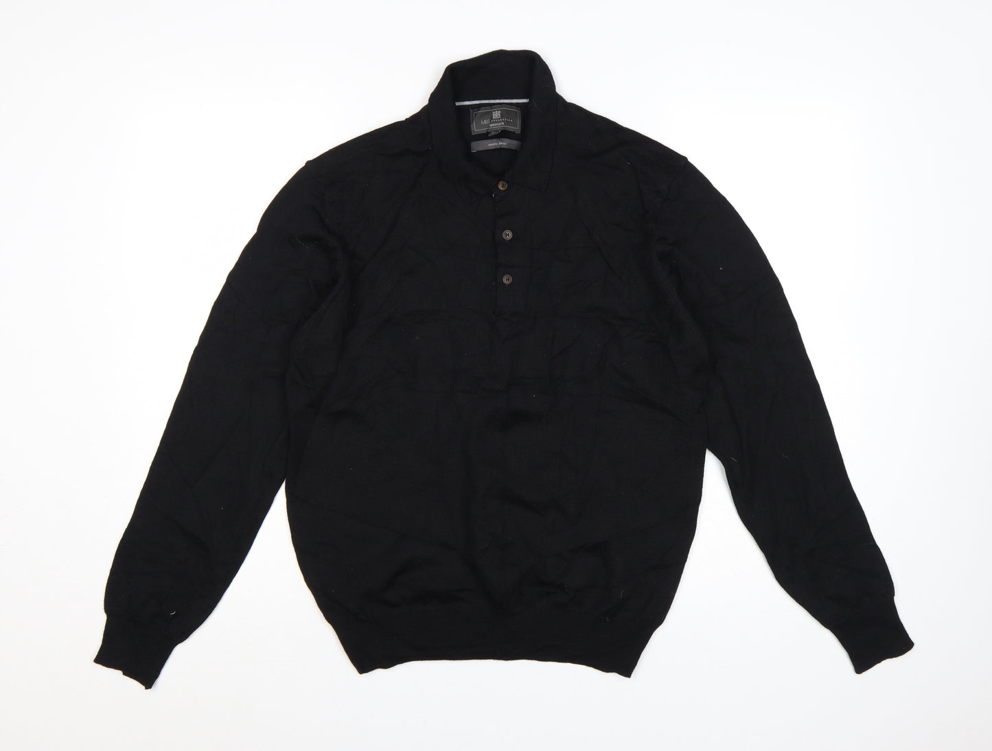 Marks and Spencer Men's Black Merino Henley Jumper M Tailored Fit