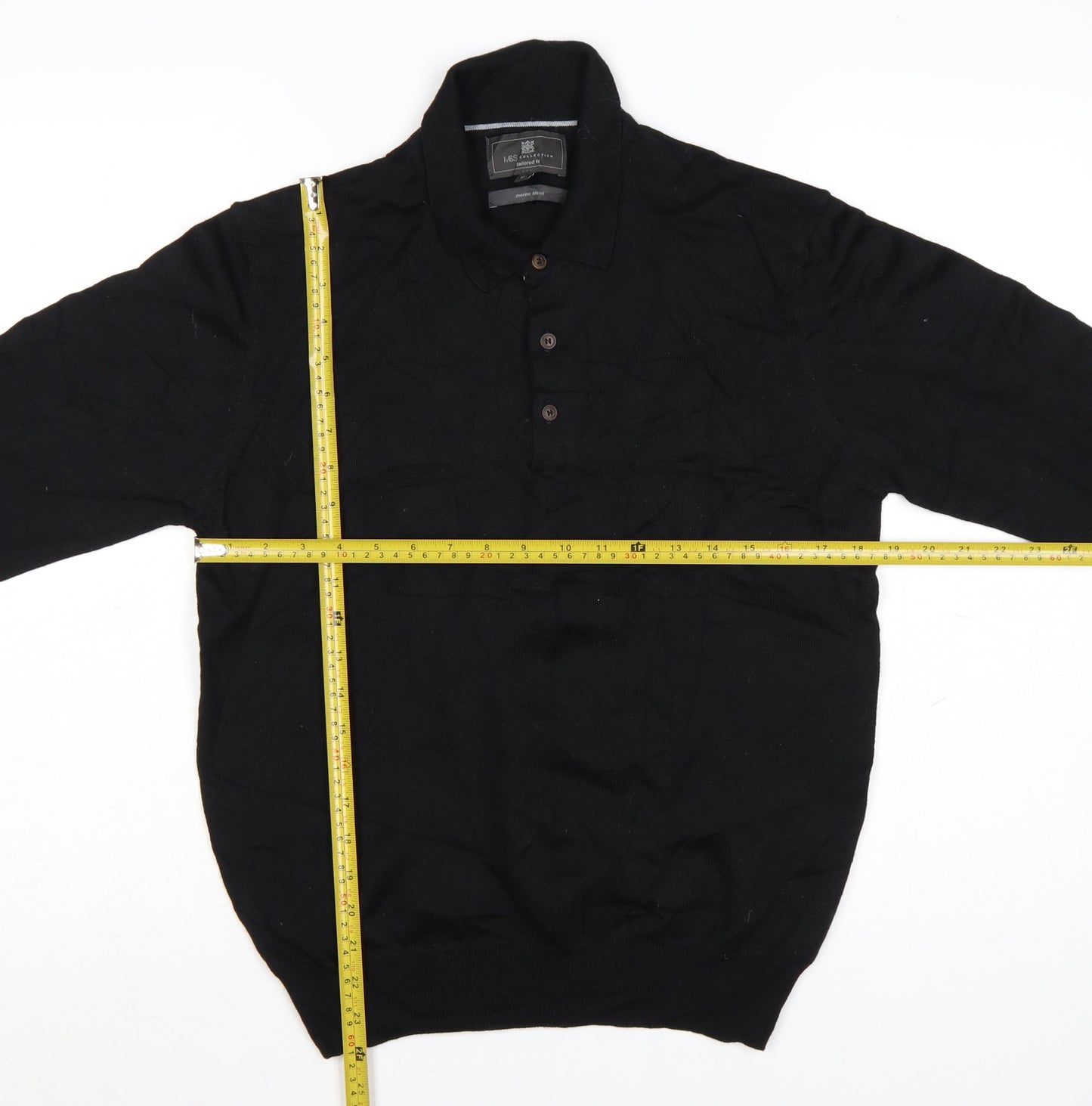 Marks and Spencer Men's Black Merino Henley Jumper M Tailored Fit