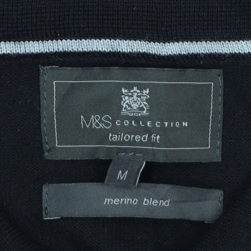 Marks and Spencer Men's Black Merino Henley Jumper M Tailored Fit