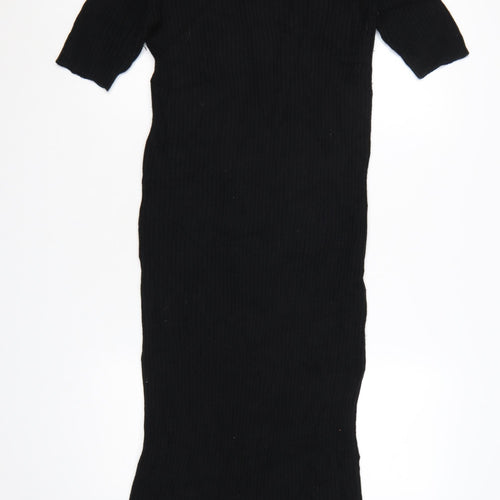 Zara Women Black Knit Bodycon Midi Dress Size 12 High Neck
