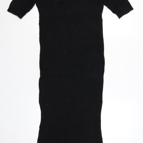 Zara Women Black Knit Bodycon Midi Dress Size 12 High Neck