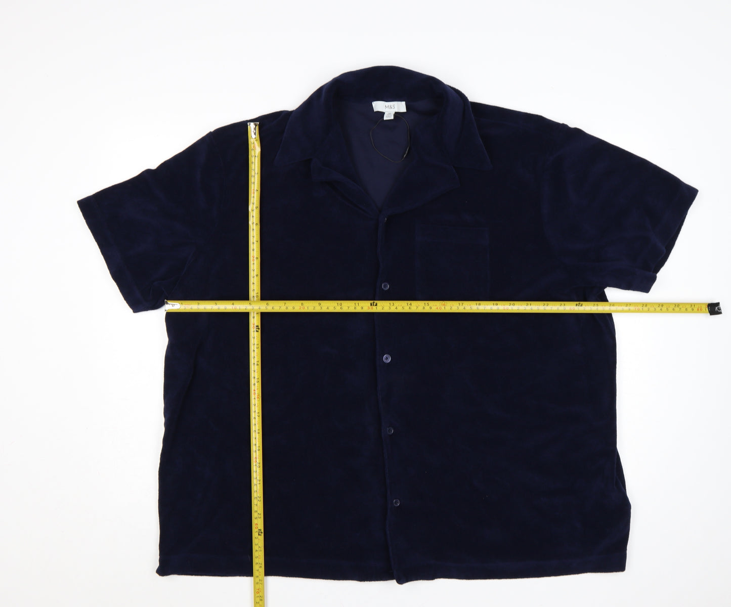 Marks and Spencer Men's Blue 3XL Regular Fit Velvet Button-Up Shirt