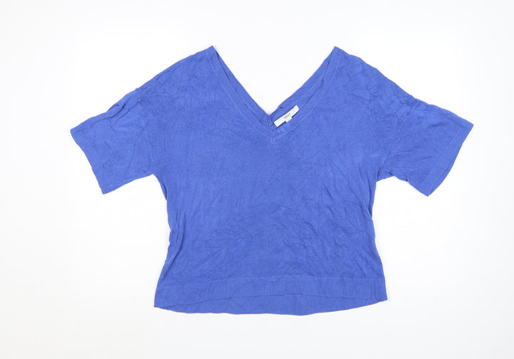NEXT Women Blue Cotton V-Neck Short Sleeve Lightweight Jumper M