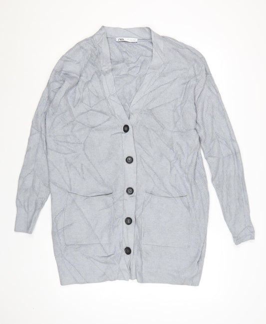 Zara Women Grey V-Neck Long Sleeve Knit Cardigan Size 8