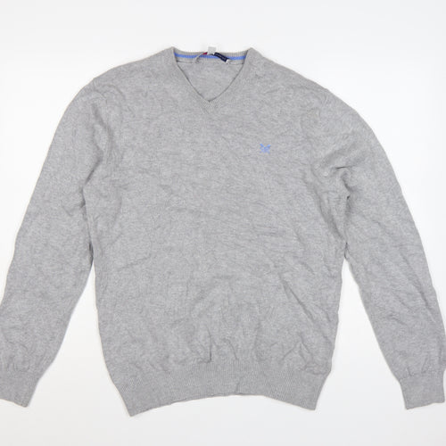 Crew Clothing Co. Men's Grey V-Neck Cotton Cashmere Jumper Size S