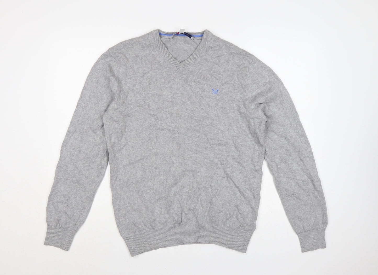 Crew Clothing Co. Men's Grey V-Neck Cotton Cashmere Jumper Size S