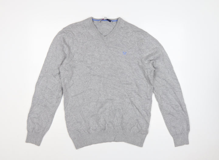 Crew Clothing Co. Men's Grey V-Neck Cotton Cashmere Jumper Size S