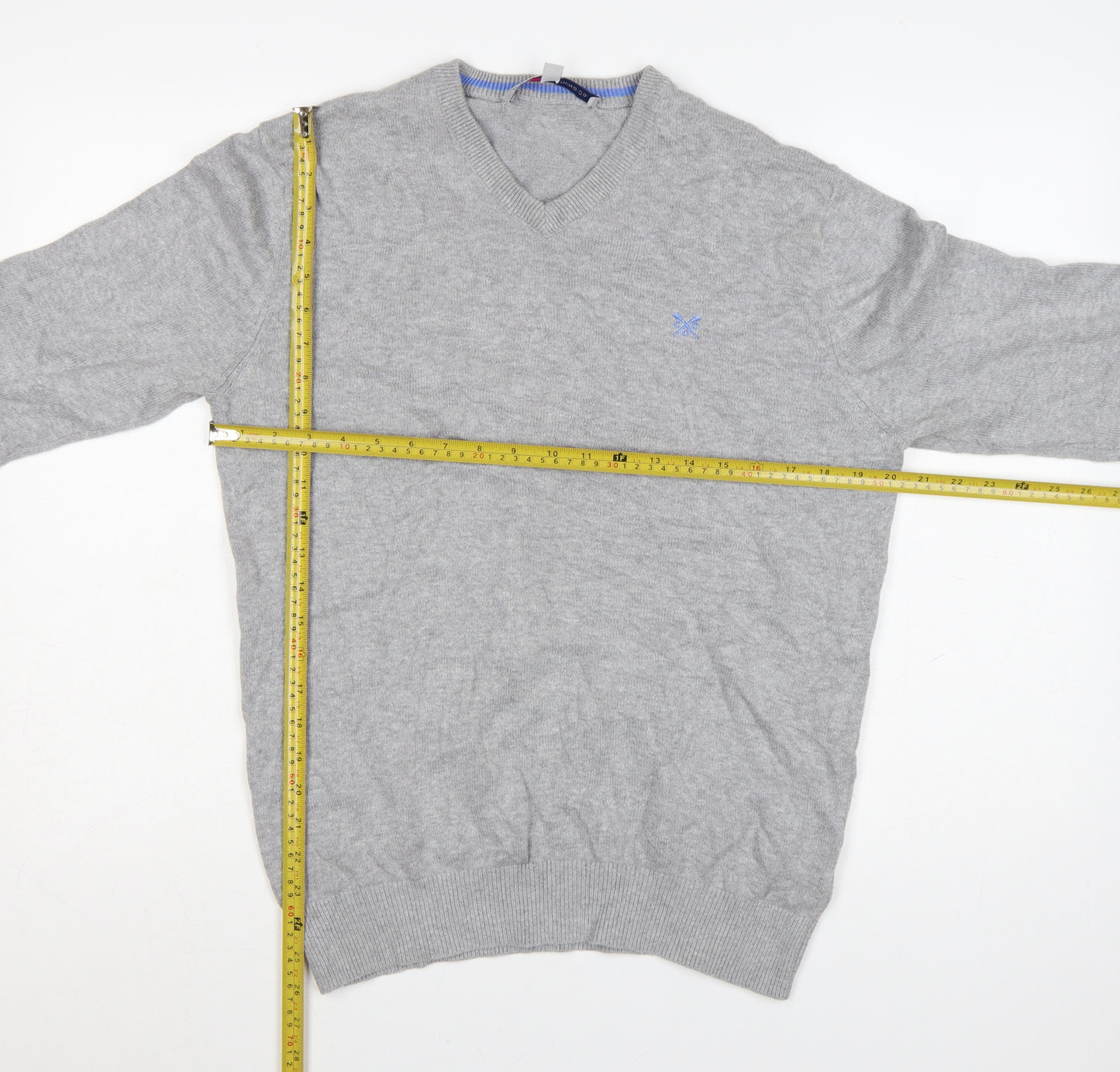 Crew Clothing Co. Men's Grey V-Neck Cotton Cashmere Jumper Size S