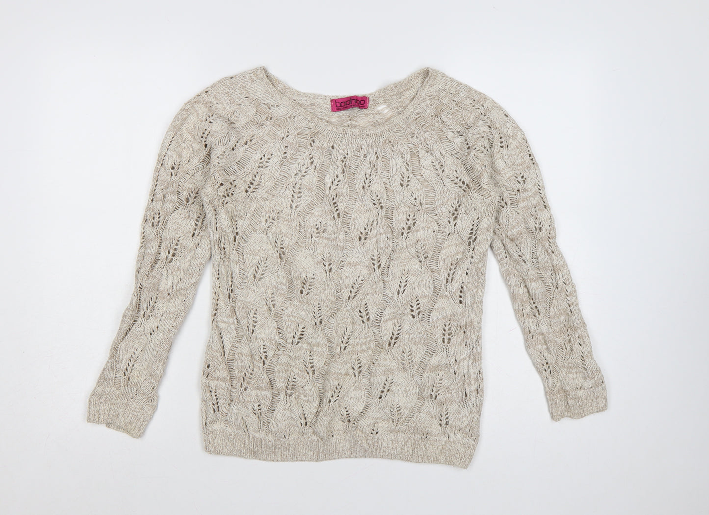 Boohoo Women Beige Open-Knit Cotton Acrylic Jumper Size M