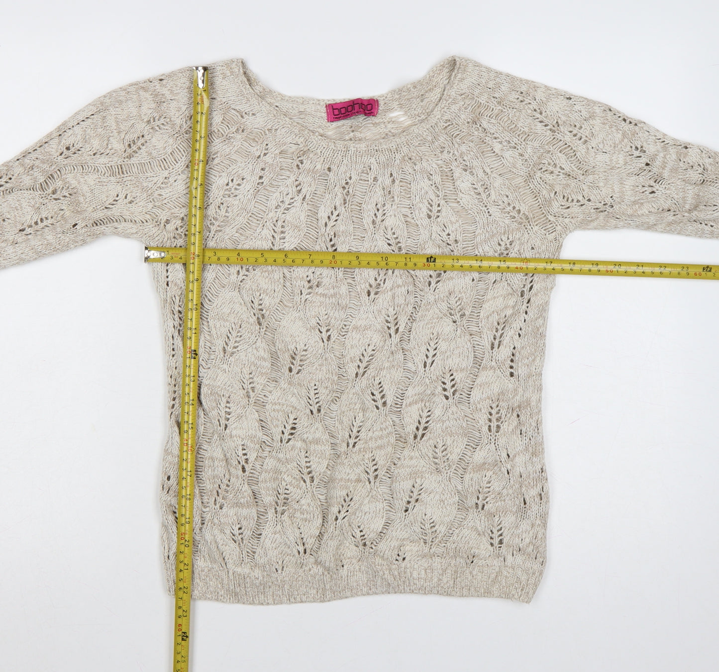 Boohoo Women Beige Open-Knit Cotton Acrylic Jumper Size M