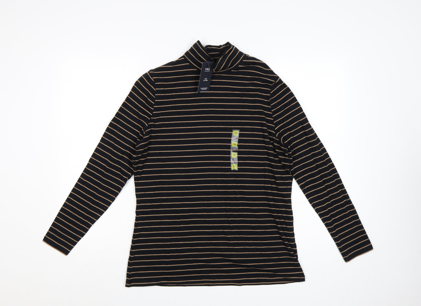 Marks and Spencer Womens Black Striped Roll Neck Long Sleeve Cotton Top Size 16