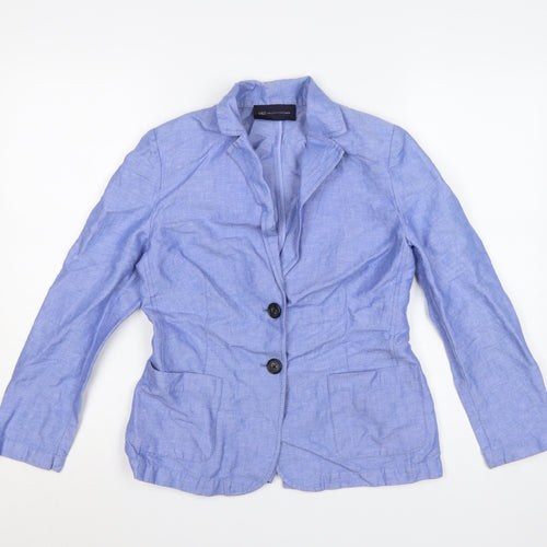 Marks and Spencer Women Blue Linen Blend Petite Two-Button Blazer Size 8