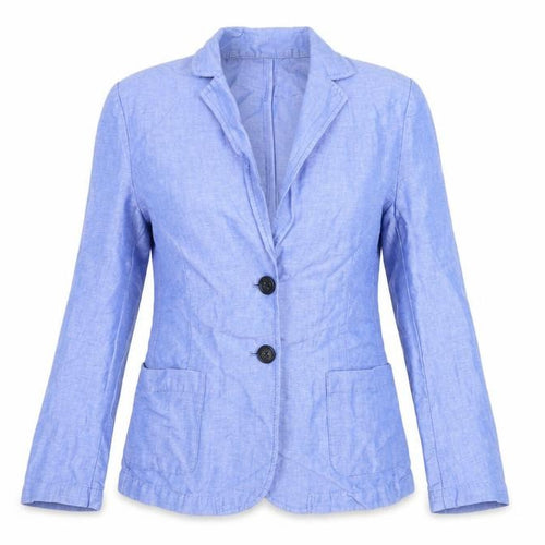 Marks and Spencer Women Blue Linen Blend Petite Two-Button Blazer Size 8