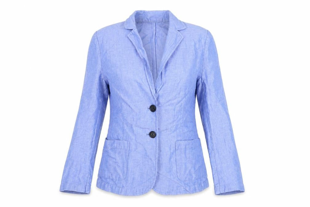 Marks and Spencer Women Blue Linen Blend Petite Two-Button Blazer Size 8