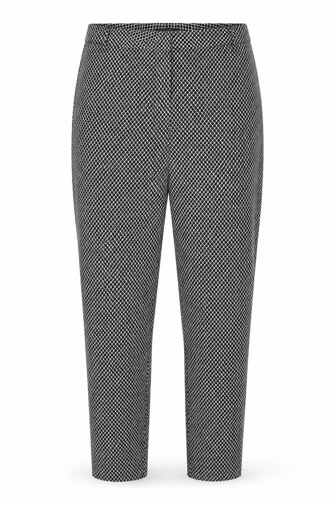 Front view of Marks & Spencer women’s black white geometric trousers, size UK 14, long