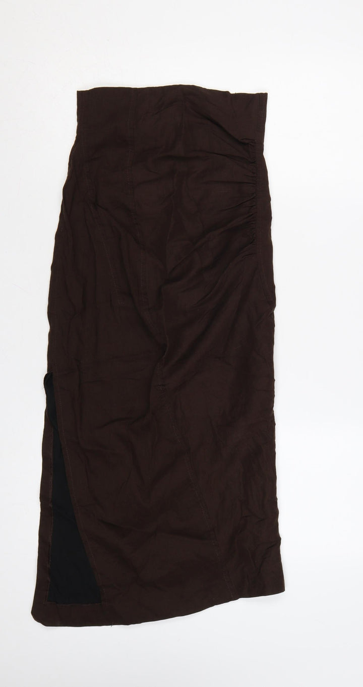 Zara Women Brown Linen Blend Midi Sheath Dress XS