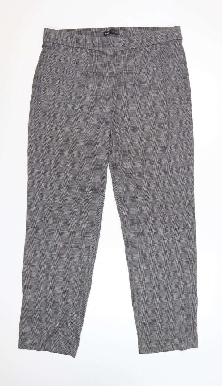 Marks and Spencer Women Grey Check Long Trousers Size 18 Polyester Blend