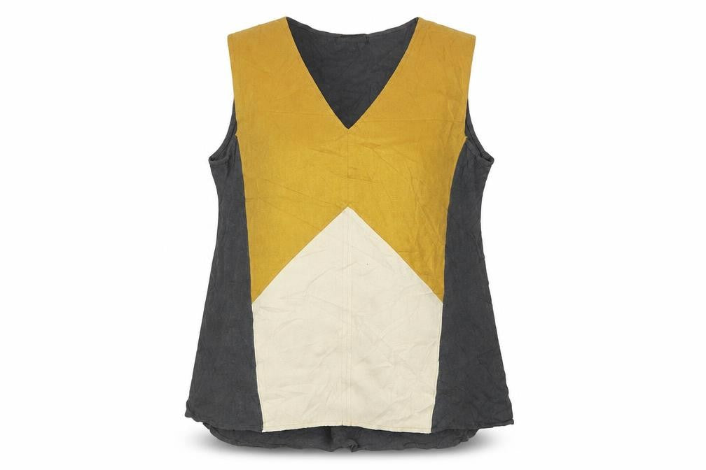Front view of River Island women’s multicoloured sleeveless v-neck colourblock top, size UK 12