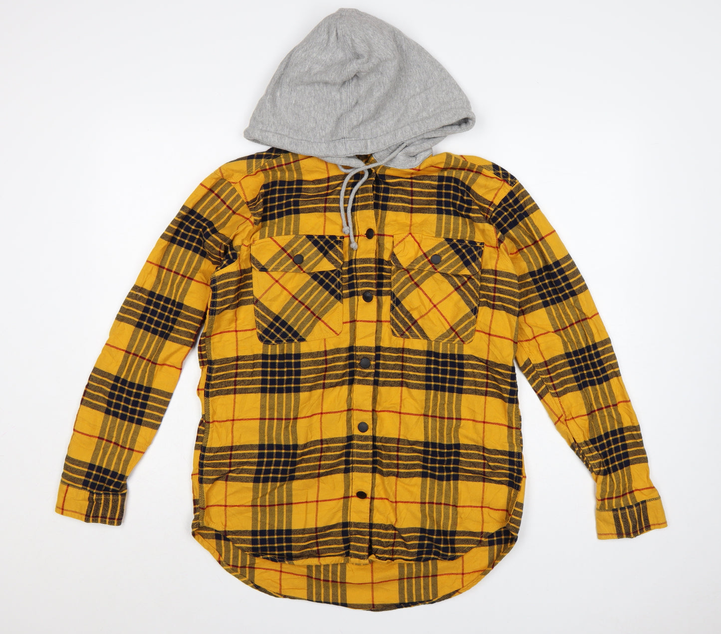 H&M Divided Women's Yellow Check Hooded Flannel Shirt Size 8