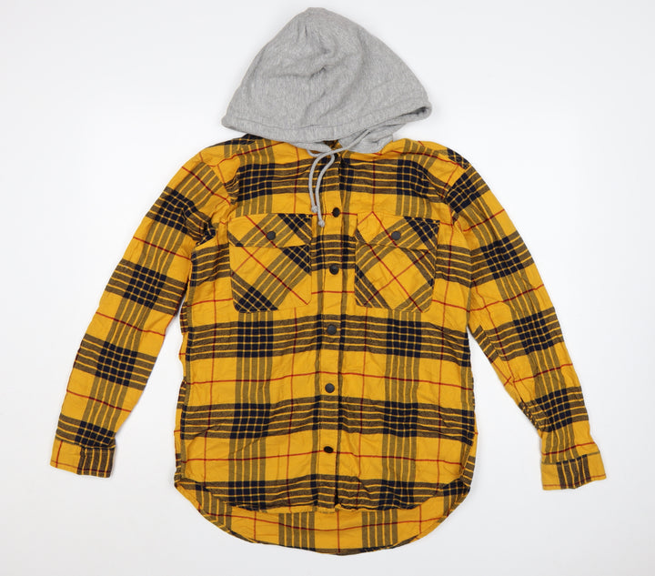 H&M Divided Women's Yellow Check Hooded Flannel Shirt Size 8