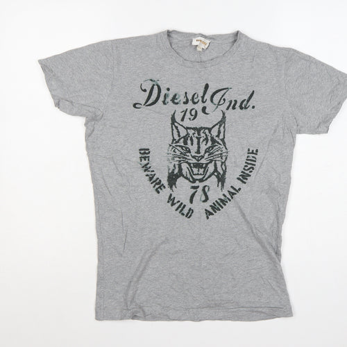 Diesel Women Grey Graphic Cotton T-Shirt M Crew Neck Short Sleeve