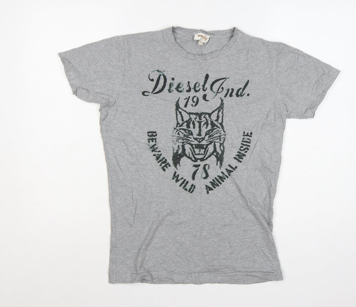 Diesel Women Grey Graphic Cotton T-Shirt M Crew Neck Short Sleeve