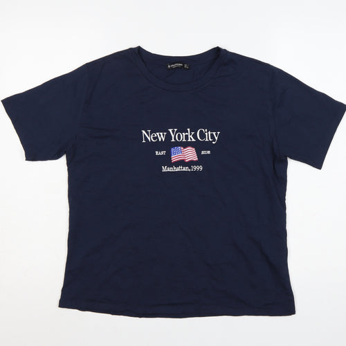 Stradivarius Women's Blue Cotton New York City Embroidered T-Shirt Size 12