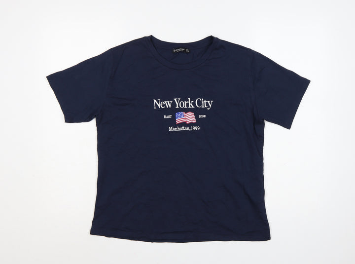 Stradivarius Women's Blue Cotton New York City Embroidered T-Shirt Size 12